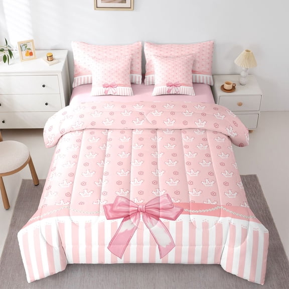 jejeloiu Chic Dots Bowknot 7-Piece Twin Bedding Sets,Cute Cartoon Crown Bedding Comforter Set,Pink Ribbon Bowtie Sheet Sets For Kids,Breathable Home Decor Reversible