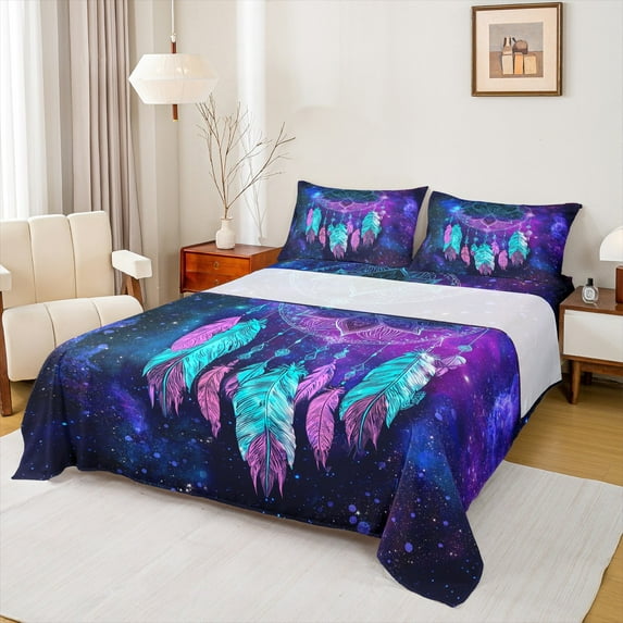 jejeloiu Chic Dreamcatcher Queen Sheet Sets,Galaxy Starry Night Flat Sheet,Purple Blue Ombre Queen Fitted Sheet For Child,Breathable Home Decor,4-Piece