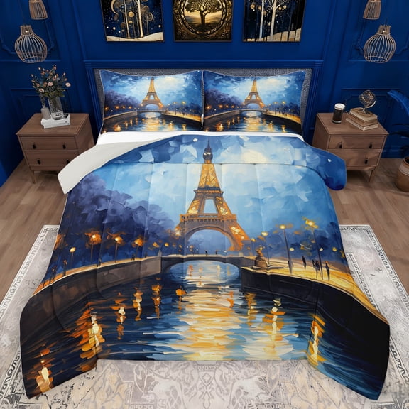 jejeloiu Chic Eiffel Tower Queen Comforter Set,Oil Painting Aesthetic Bedding Sets,Romantic Paris Bedding Comforter Set For Men Women,Super Cozy Room Decor Reversible,3-Piece