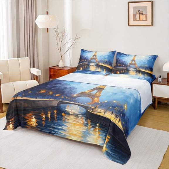 jejeloiu Chic Eiffel Tower Twin Sheet Sets,Oil Painting Aesthetic Twin Fitted Sheet,Romantic Paris Flat Sheet For Men Women,Super Cozy Room Decor,3 Pieces