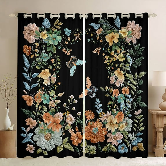jejeloiu Chic Flower Black Out Curtains,Colorful Floral Butterfly Curtains Pack of 2 (42x63 Each),Boho Bohemian Exotic Moth Bedroom Curtains For Adult,Breathable Home Decor