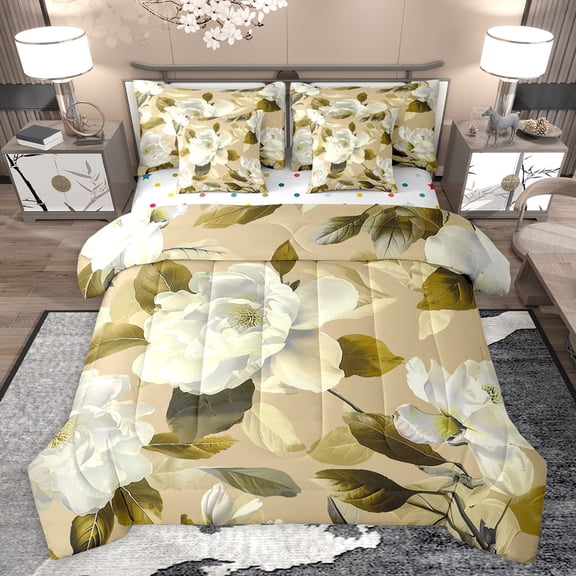 jejeloiu Chic Flower Floral 7pcs Bedding Comforter Set,Country Botanical Plant Queen Bedding Sets,Yellow White Queen Sheet Sets For Adult,Breathable Home Decor Reversible