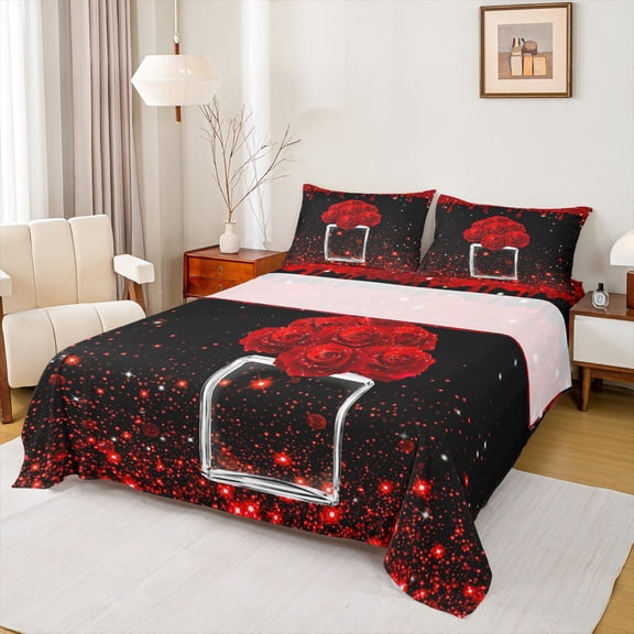 jejeloiu Chic Flowers Rose Twin Sheet Sets,Happy Valentine'S Day Twin Fitted Sheet,Red Glitter Print Flat Sheet For Girls,Breathable Home Decor,3pcs