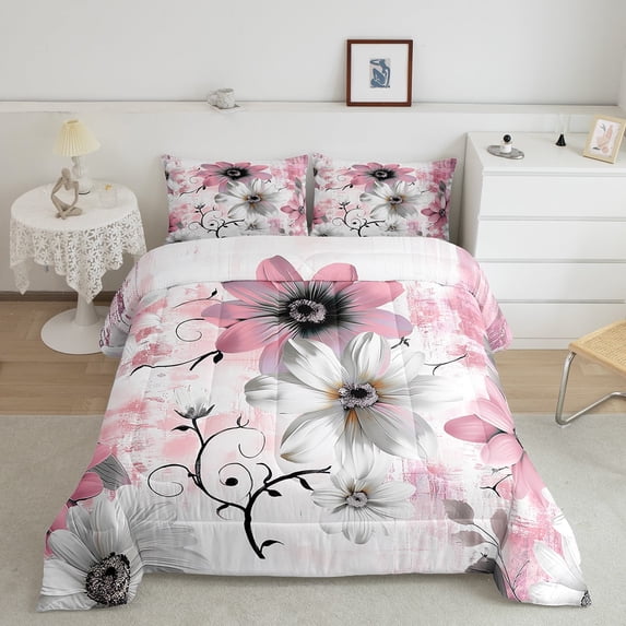 jejeloiu Chic Girls Floral Full Size Comforter Sets,Oil Painting Aesthetic Bedding Comforter Set,Pink White Ombre Bedding Sets For Child, Lightweight Room Decor Reversible,3pcs