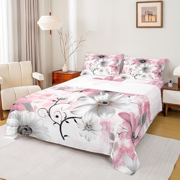 jejeloiu Chic Girls Floral Full Size Sheets,Oil Painting Aesthetic Bed Sheets,Pink White Ombre Sheet Sets For Child, Lightweight Room Decor,4pcs