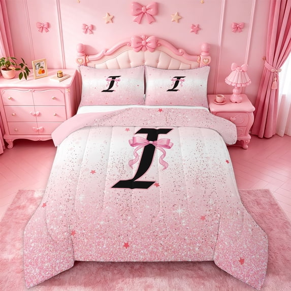 jejeloiu Chic Glitter Print Queen Comforter Set For Girls,Bow Theme Monogrammed Alphabet I Bedding Comforter Set For Kids,Pink Reversible,3-Piece