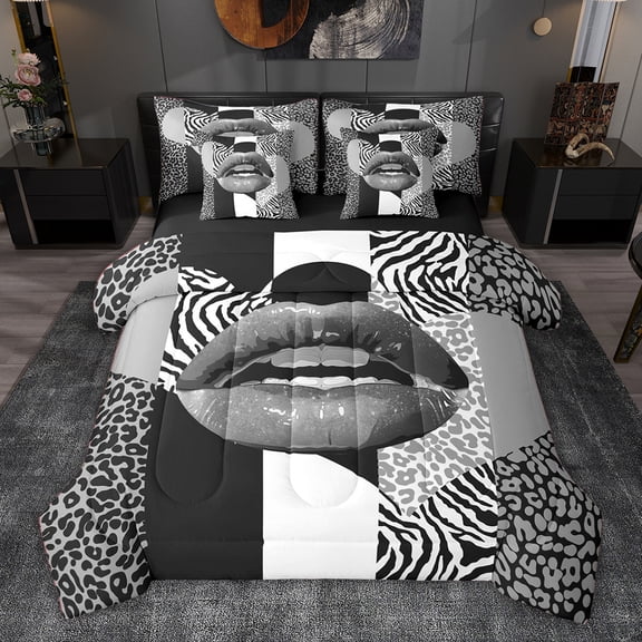 jejeloiu Chic Leopard Pattern 7-Piece Twin Bedding Sets,Black Gray White Bedding Comforter Set Cheetah Lover Reversible