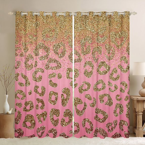 jejeloiu Chic Leopard Pattern Black Out Curtains,Gold Glitter Print Curtains Pack of 2 (42x63 Each),Jungle Cheetah Bedroom Curtains For Girls Kids,Ultra Soft Home Decor