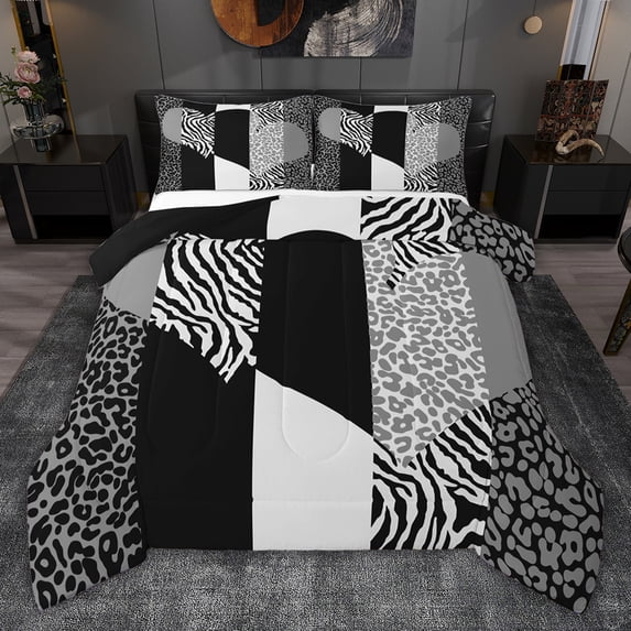 jejeloiu Chic Leopard Pattern Full Size Comforter Sets,Gray White Black Bedding Sets Cheetah Lover Reversible 3-Piece