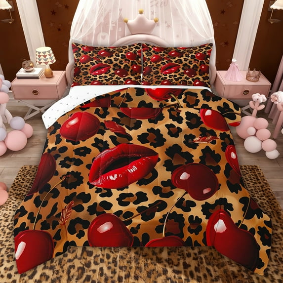 jejeloiu Chic Leopard Pattern Full Size Comforter Sets,Red Brown Black Bedding Sets For Girls Kids Reversible 3pcs
