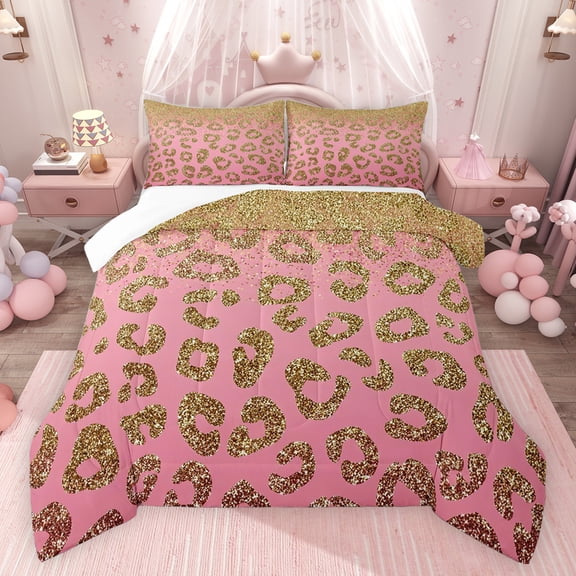 jejeloiu Chic Leopard Pattern Queen Comforter Set,Gold Glitter Print Bedding Sets,Jungle Cheetah Bedding Comforter Set For Girls Kids,Ultra Soft Home Decor,3 Pieces