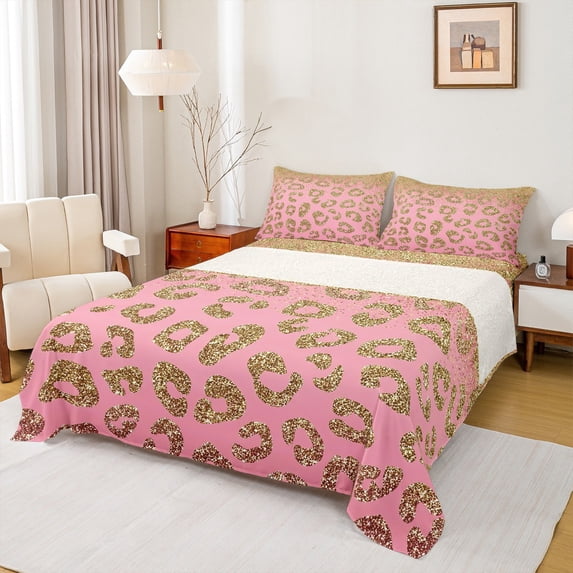 jejeloiu Chic Leopard Pattern Twin Sheet Sets,Gold Glitter Print Twin Fitted Sheet,Jungle Cheetah Flat Sheet For Girls Kids,Ultra Soft Home Decor,3pcs