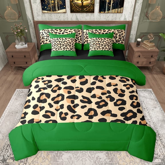 jejeloiu Chic Leopard Print 7-Piece Bedding Comforter Set,Jungle Animal King Bedding Sets,Brown Green Bed Sheets For Girls Kids,Ultra Soft Home Decor Reversible