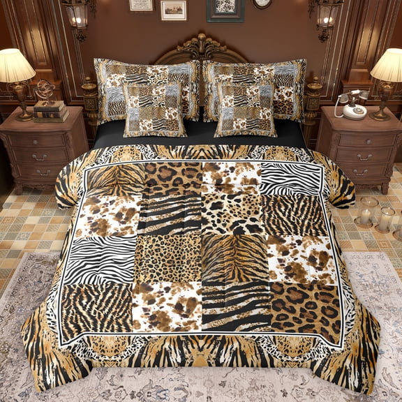 jejeloiu Chic Leopard Print 7-Piece Bedding Comforter Set,Jungle Animal King Bedding Sets,Cheetah Wide Patchwork Plaid Bed Sheets For Girls Kids,Ultra Soft Home Decor Reversible