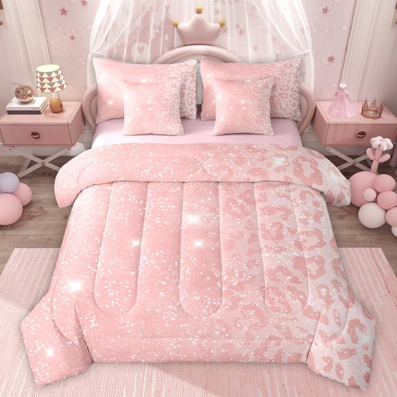 jejeloiu Chic Leopard Print 7-Piece Bedding Comforter Set,Jungle Animal King Bedding Sets,Pink Cheetah Pattern Bed Sheets For Girls Kids,Ultra Soft Home Decor Reversible