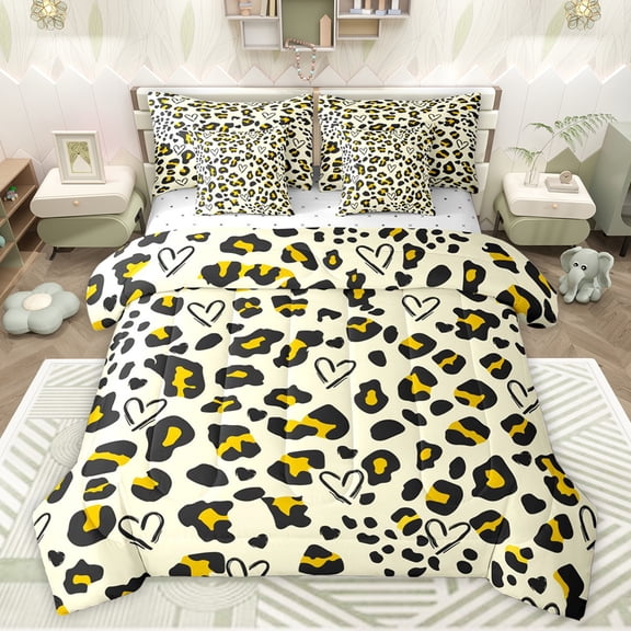 jejeloiu Chic Leopard Print 7-Piece Bedding Comforter Set,Jungle Animal King Bedding Sets,Yellow Cheetah Pattern Bed Sheets For Girls Kids,Ultra Soft Home Decor Reversible