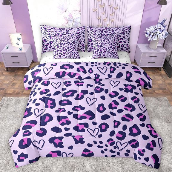 jejeloiu Chic Leopard Print 7 Pieces Bedding Comforter Set,Jungle Animal Full Bedding Set,Purple Cheetah Pattern Fitted Sheet Flat Sheet For Girls Kids,Ultra Soft Home Decor Reversible