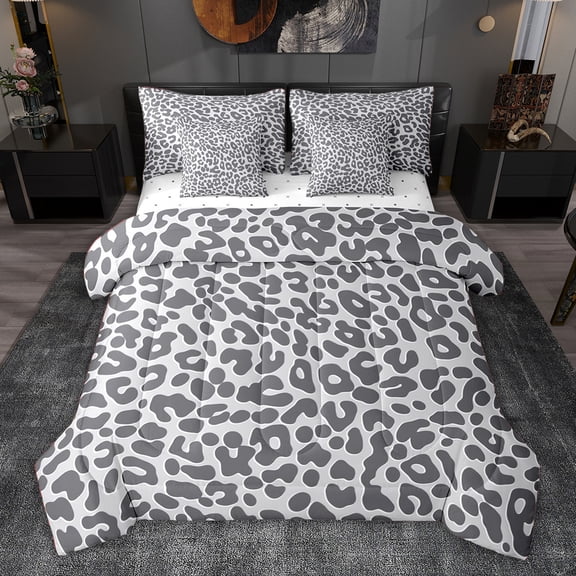 jejeloiu Chic Leopard Print 7pcs Bedding Comforter Set,Gray Cheetah Pattern Queen Bedding Sets For Men Women Reversible