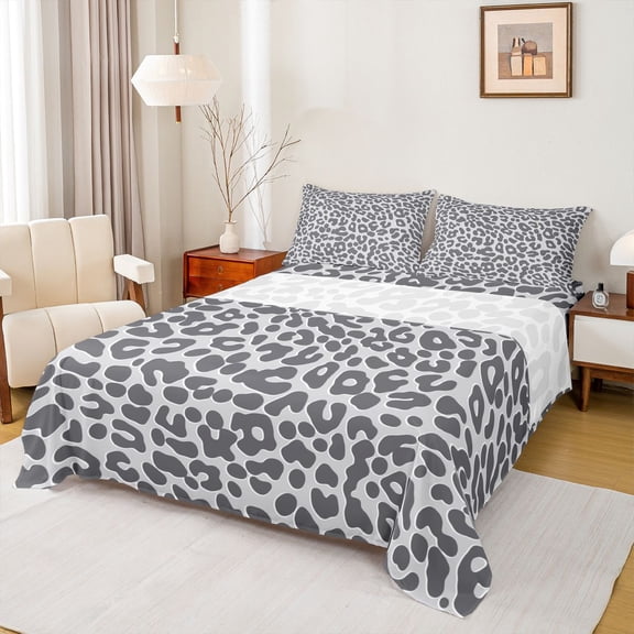 jejeloiu Chic Leopard Print Bed Sheets,Gray Cheetah Pattern King Sheets For Men Women 4-Piece