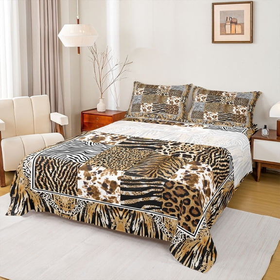jejeloiu Chic Leopard Print Bed Sheets,Jungle Animal King Sheets,Cheetah Wide Patchwork Plaid Sheet Set For Girls Kids,Ultra Soft Home Decor,4pcs