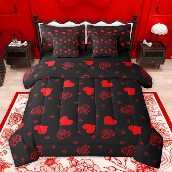 jejeloiu Chic Loves Print 7-Piece Bedding Comforter Set,Bohemian Hearts Print King Bedding Sets,Red Black Bed Sheets For Kids,Breathable Home Decor Reversible