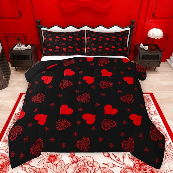 jejeloiu Chic Loves Print Bedding Comforter Set,Bohemian Hearts Print Twin Comforter Sets,Red Black Bedding Set For Kids,Breathable Home Decor Reversible,2pcs