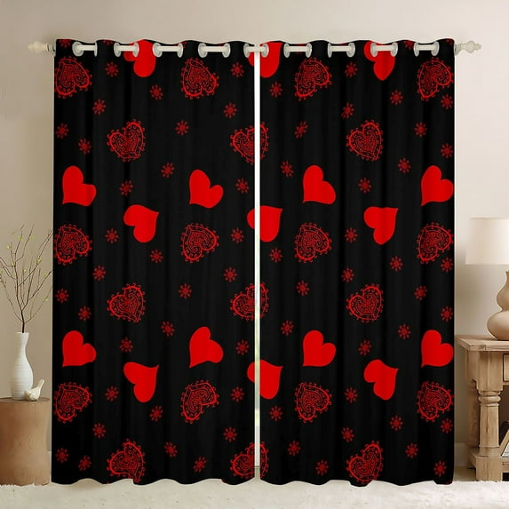 jejeloiu Chic Loves Print Black Out Curtains,Bohemian Hearts Print Curtains Pack of 2 (42x63 Each),Red Black Bedroom Curtains For Kids,Breathable Home Decor