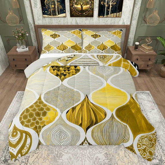 jejeloiu Chic Mermaid Pattern Bedding Comforter Set,Rustic Boho Geometric Twin Comforter Sets,Gold White Black Bedding Set For Teens,Breathable Home Decor Reversible,2pcs