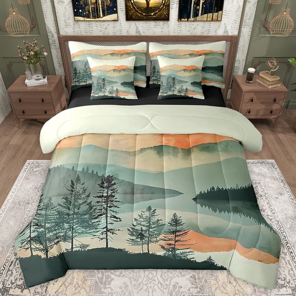 jejeloiu Chic Natural Scenery 7-Piece Bedding Comforter Set,Ink Painting Aesthetic King Bedding Sets,Teal Orange Bed Sheets For Adult,Super Cozy Room Decor Reversible