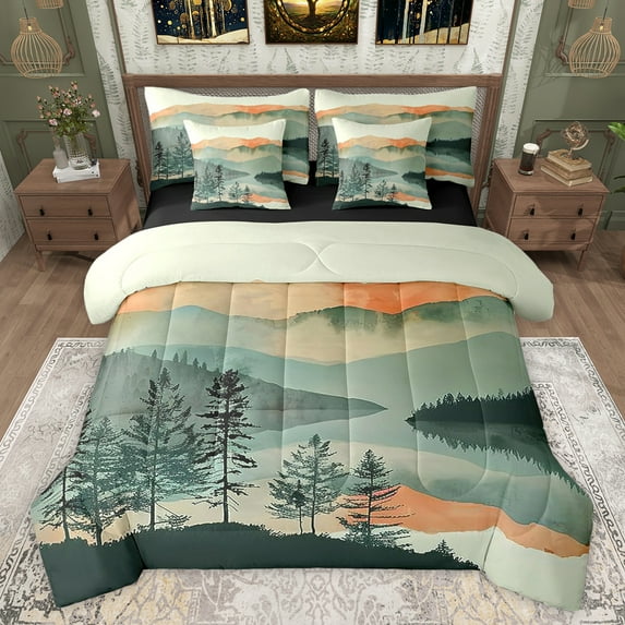 jejeloiu Chic Natural Scenery 7-Piece Twin Bedding Sets,Ink Painting Aesthetic Bedding Comforter Set,Teal Orange Sheet Sets For Adult,Super Cozy Room Decor Reversible