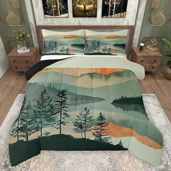 jejeloiu Chic Natural Scenery Bedding Comforter Set,Ink Painting Aesthetic Twin Comforter Sets,Teal Orange Bedding Set For Adult,Super Cozy Room Decor Reversible,2 Pieces