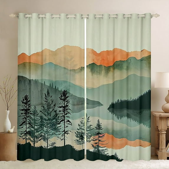 jejeloiu Chic Natural Scenery Black Out Curtains,Ink Painting Aesthetic Curtains Pack of 2 (42x63 Each),Teal Orange Bedroom Curtains For Adult,Super Cozy Room Decor