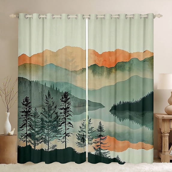 jejeloiu Chic Natural Scenery Curtains Pack of 2 (42x84 Each),Ink Painting Aesthetic Curtains Blackout,Teal Orange Bedroom Curtains For Adult,Super Cozy Room Decor