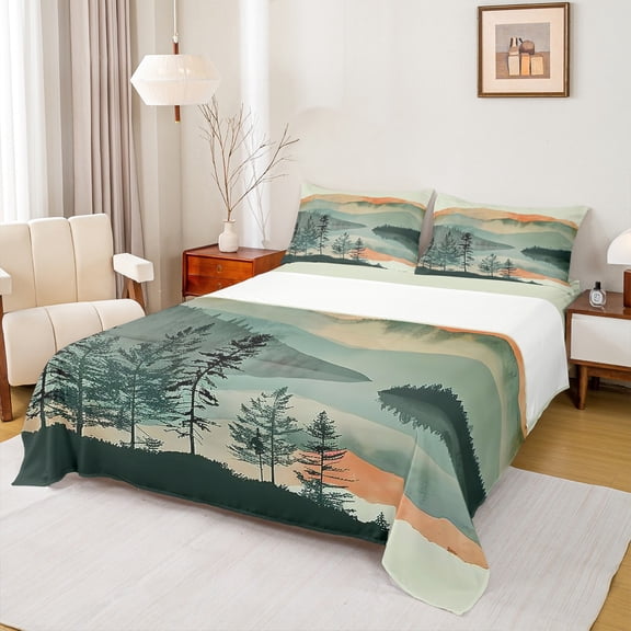jejeloiu Chic Natural Scenery Twin Sheet Sets,Ink Painting Aesthetic Twin Fitted Sheet,Teal Orange Flat Sheet For Adult,Super Cozy Room Decor,3 Pieces