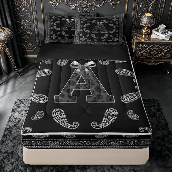 jejeloiu Chic Paisley Zipper Twin Comforter Sets with Fitted Sheet and 2 Pillowcases For Men Women,Initial Letter A Zipper Bedding Set,Black White,Black Reversible,4 Pieces