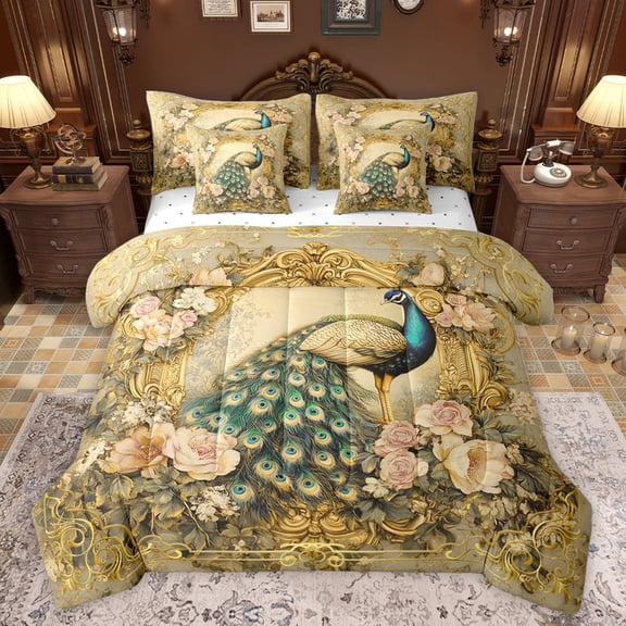 jejeloiu Chic Peacock 7 Pieces Bedding Comforter Set,Rustic Flower Floral Full Bedding Set,Green Brown Gold Fitted Sheet Flat Sheet For Adults,Microfiber Bedroom Decor Reversible