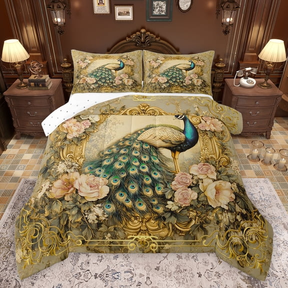 jejeloiu Chic Peacock Queen Comforter Set,Rustic Flower Floral Bedding Sets,Green Brown Gold Bedding Comforter Set For Adults,Microfiber Bedroom Decor Reversible,3-Piece