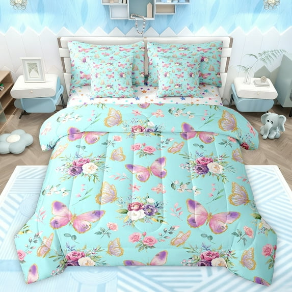 jejeloiu Chic Purple Butterfly 7-Piece Twin Bedding Sets,Retro Rustic Flowers Bedding Comforter Set,Cyan Pink Sheet Sets For Girls Kids,Ultra Soft Home Decor Reversible