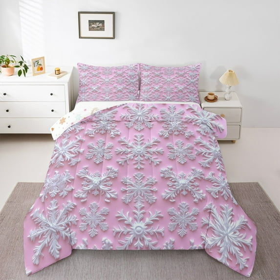 jejeloiu Chic Snowflake Queen Comforter Set,Merry Xmas Bedding Sets,Pink White Bedding Comforter Set For Child,Ultra Soft Home Decor Reversible,3 Pieces