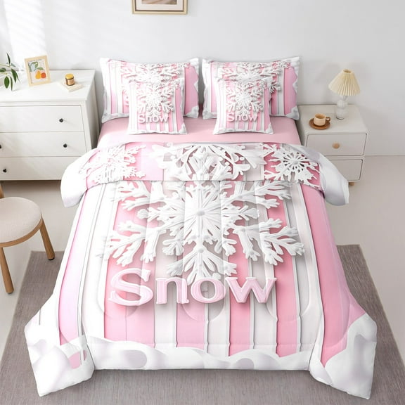 jejeloiu Chic Snowflake Twin Bedding Sets 7-Piece,Merry Christmas Bedding Comforter Set,Pink White Lines Sheet Sets For Teens,Ultra Soft Home Decor Reversible
