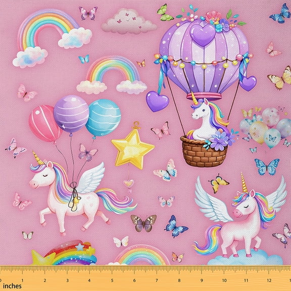 jejeloiu Chic Unicorn Fabric by the Yard 1 Yard,Chic Hot Balloon Home Decor Fabric by the Yard,Colorful Rainbow Clouds Sewing Fabric For Teens,Luxury Bedroom Decor