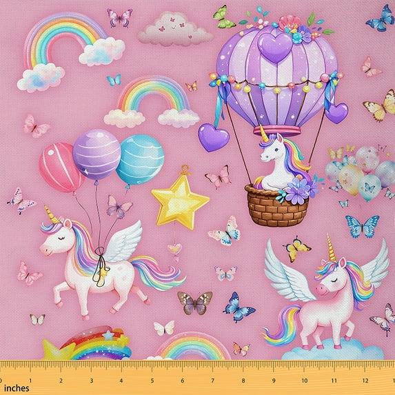 jejeloiu Chic Unicorn Fabric by the Yard 2 Yards,Chic Hot Balloon Room Decor Fabric by the Yard,Colorful Rainbow Clouds Fabric for Sewing For Teens,Luxury Bedroom Decor