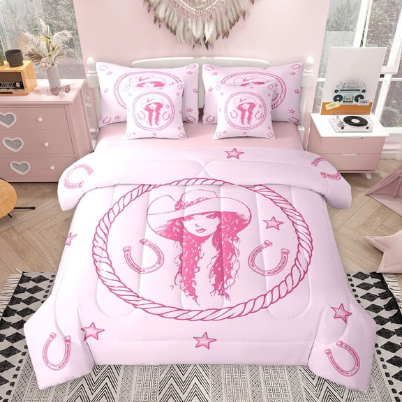 jejeloiu Chic Western Cowgirl 7-Piece Twin Bedding Sets,Pink Horseshoe Stars Bedding Comforter Set For Girls Kids Reversible