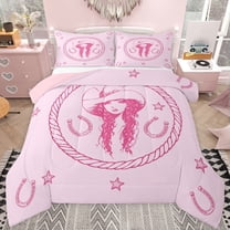 jejeloiu Chic Western Cowgirl Twin Comforter Sets,Pink Horseshoe Stars Bedding Set For Girls Kids Reversible 2pcs