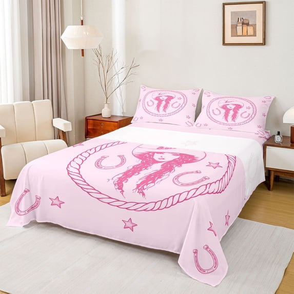 jejeloiu Chic Western Cowgirl Twin Sheet Sets,Pink Horseshoe Stars Bedding For Girls Kids 3pcs