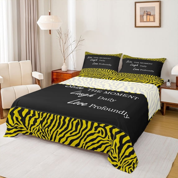 jejeloiu Chic Zebra Pattern Bed Sheets,Abstract Geometric Lines King Sheets,Yellow Black Sheet Set For Kids,Ultra Soft Home Decor,4-Piece