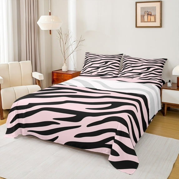jejeloiu Chic Zebra Pattern Bed Sheets,Geometric Striped Lines King Sheets,Pink Black Sheet Set For Kids,Breathable Home Decor,4pcs