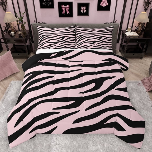 jejeloiu Chic Zebra Pattern Bedding Comforter Set,Geometric Striped Lines Twin Comforter Sets,Pink Black Bedding Set For Kids,Breathable Home Decor Reversible,2pcs