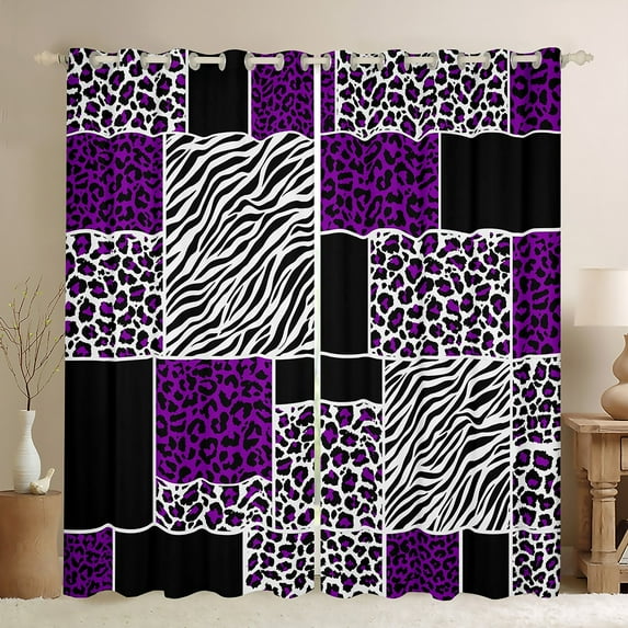 jejeloiu Chic Zebra Pattern Curtains Pack of 2 (42x84 Each),Jungle Cheetah Pattern Curtains Blackout,Purple White Black Grid Bedroom Curtains For Men Women,Super Cozy Room Decor