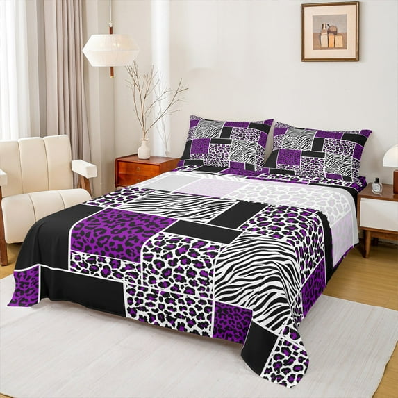 jejeloiu Chic Zebra Pattern Twin Sheet Sets,Jungle Cheetah Pattern Twin Fitted Sheet,Purple White Black Grid Flat Sheet For Men Women,Super Cozy Room Decor,3 Pieces